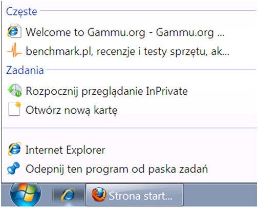 Opcje dla ikony Internet Explorera + uruchomiony FireFox
