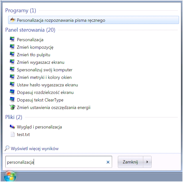 Wyszukiwanie w menu Start